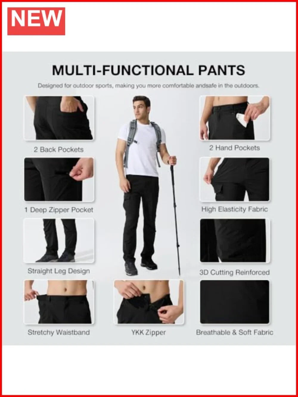 Men's Hiking Cargo Pants Lightweight Quick-Dry Waterproof Stretch 6 Pockets